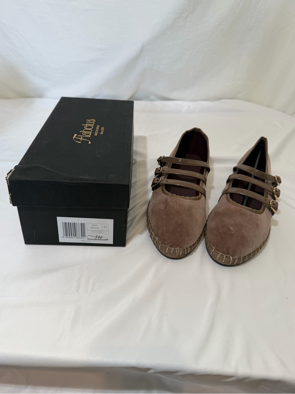 Flabelus Mina Triple Strap Velvet Mary Jane Flats Brown EU 41 NIB Handmade Spain - Picture 10 of 17